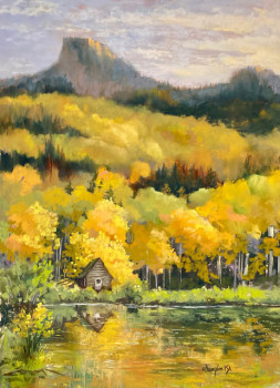 Ascension print of a painting by Jan Thompson showing a cabin surrounded by golden trees