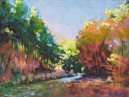 I Give You Peace print of a painting by Jan Thompson that shows a river in the woods backlit