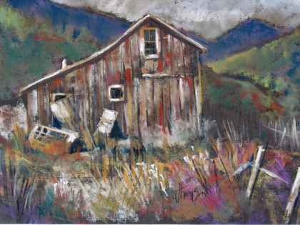 Miner's Cabin print of a painting by Jan Thompson of an old cabin in the mountains