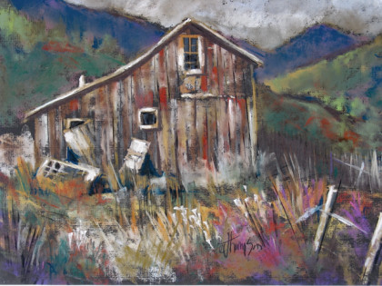 Miner's Cabin print of a painting by Jan Thompson of an old cabin in the mountains Miner's Cabin print of a painting by Jan Thompson of an old cabin in the mountains