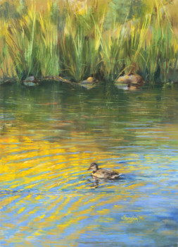 On Golden Pond print of painting by Jan Thompson showing ducks on a golden pond